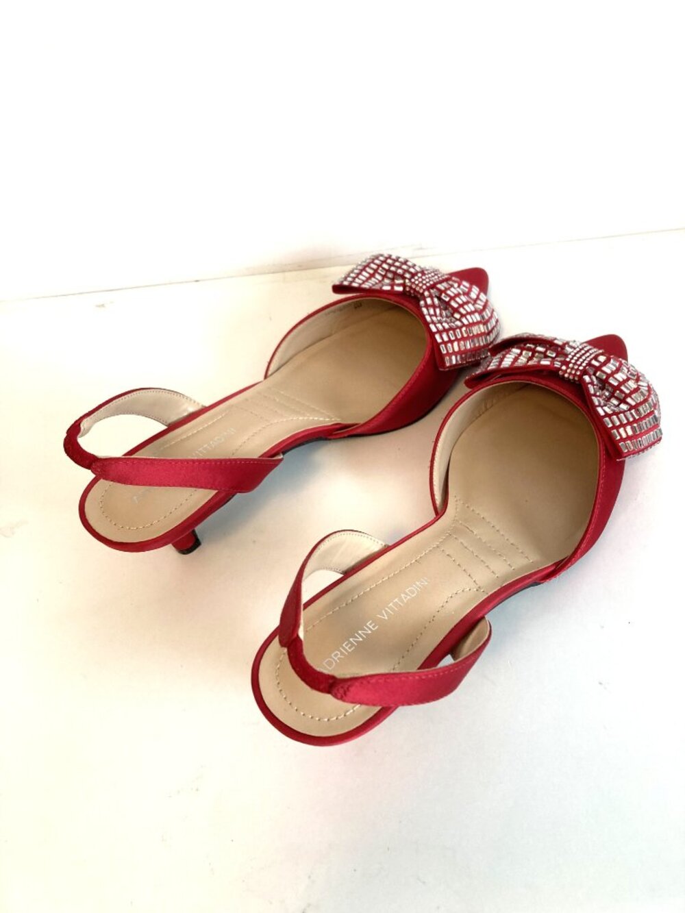 Adrienne Vittadini Red Satin Slingback Heels w/ Rhinestone Bow/ Size 9M - Picture 4 of 12